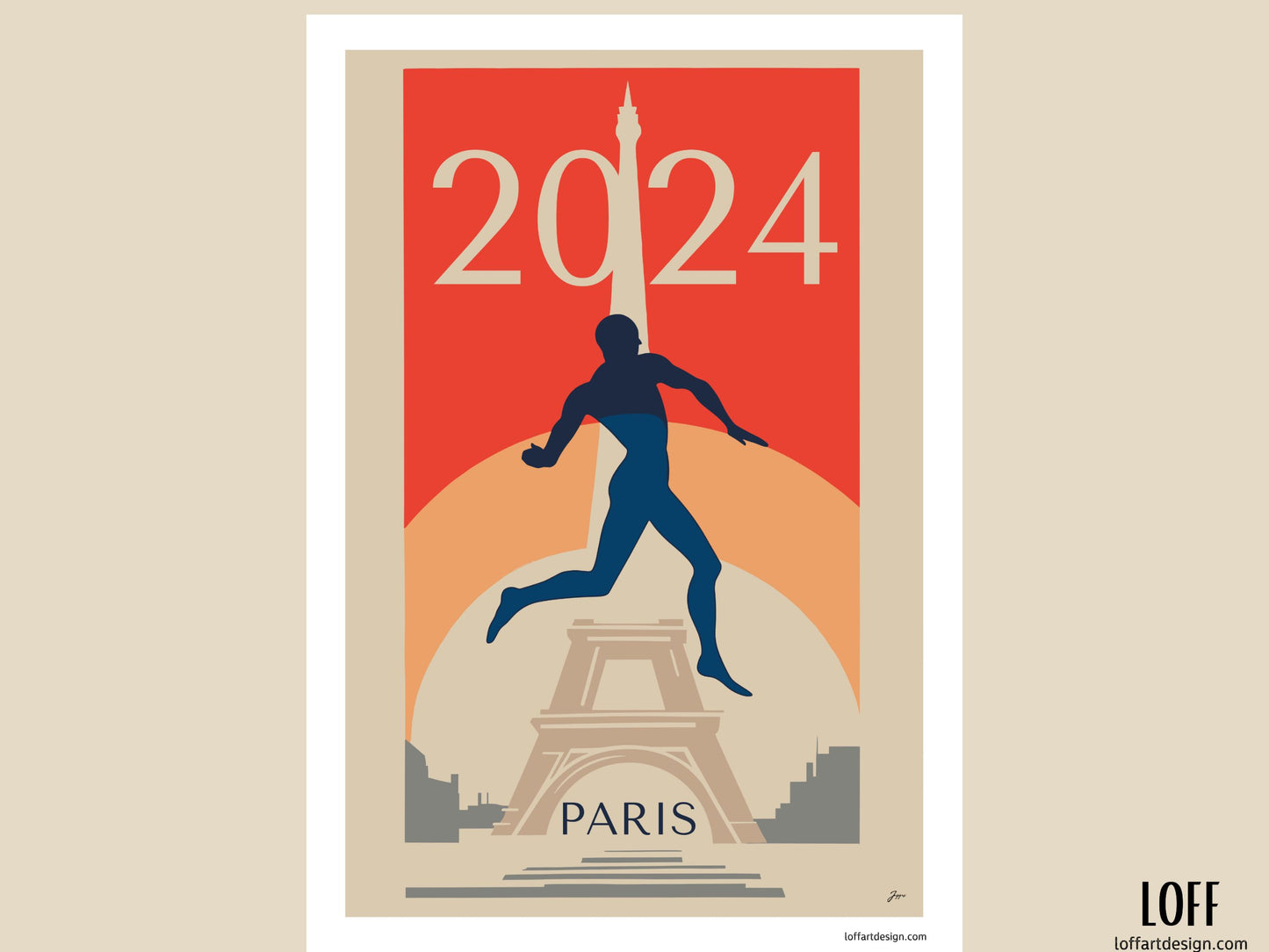 Silhouette of an athlete in action with vibrant colors and the Eiffel Tower in the background, commemorating the 2024 Paris Olympics
