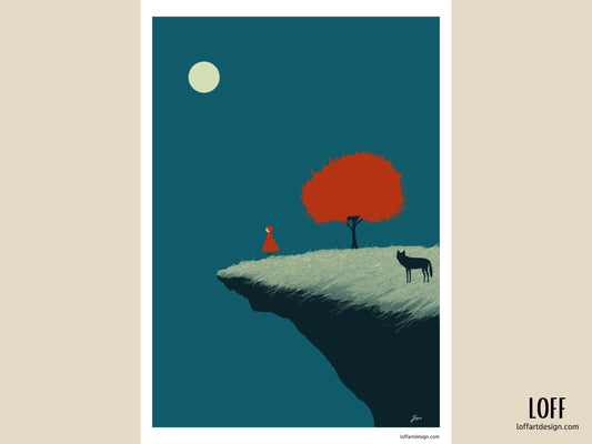 High-quality poster featuring a surreal landscape with Little Red Riding Hood, a black wolf, and a full moon, perfect for home decor and art lovers