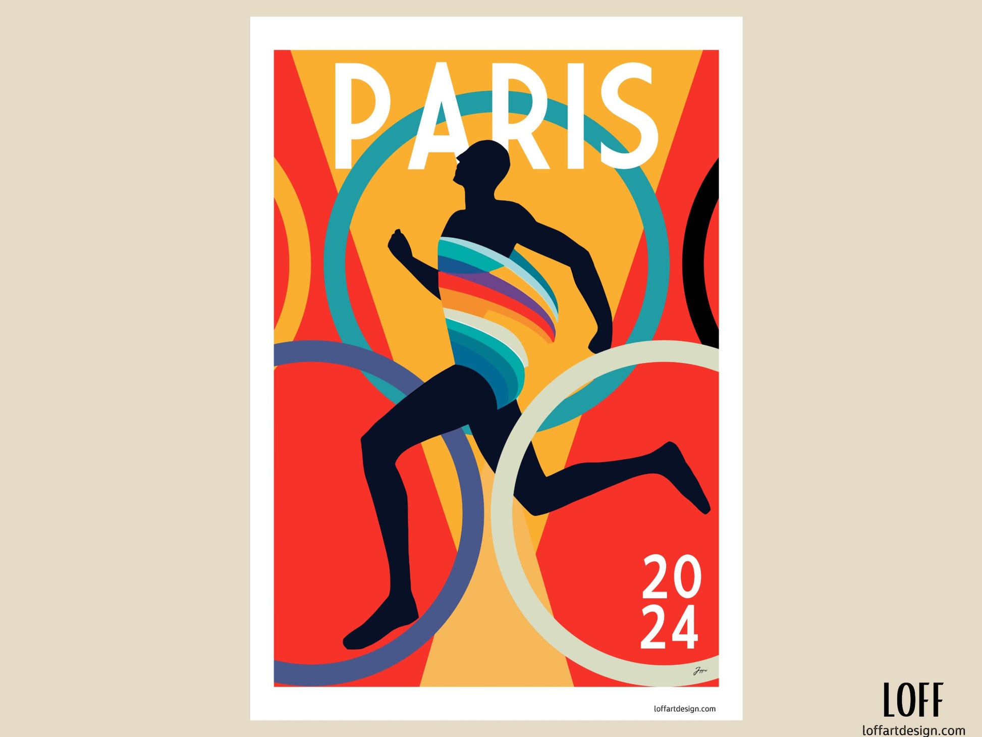 llustration of an athlete running through colorful rings with the text “Paris 2024,” printed on a high-quality poster