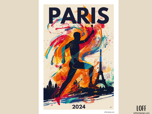 Vibrant tribute poster for the Paris 2024 Olympics featuring a colorful silhouette of an athlete and the Paris skyline