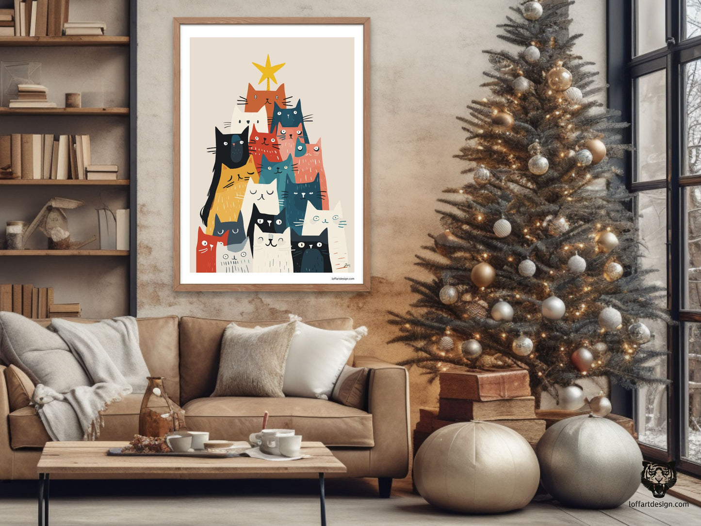 Christmas Cat Tree Poster | Festive Cat Art Print | Unique Holiday Decoration for Cat Lovers