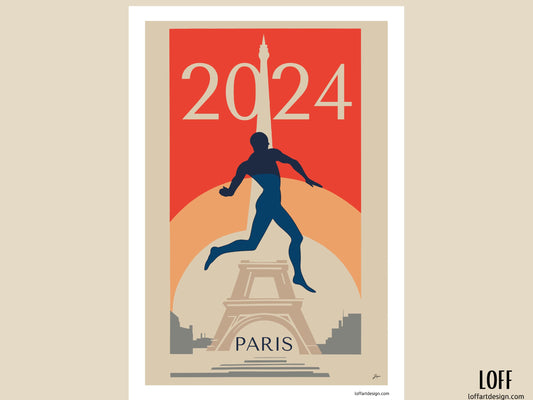 Silhouette of an athlete in action with vibrant colors and the Eiffel Tower in the background, commemorating the 2024 Paris Olympics