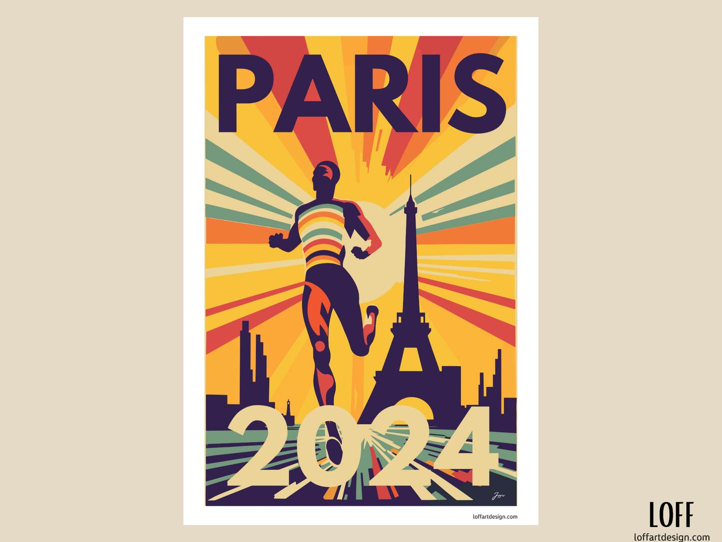 Illustration of an athlete running against the backdrop of the Eiffel Tower with the text “Paris 2024,