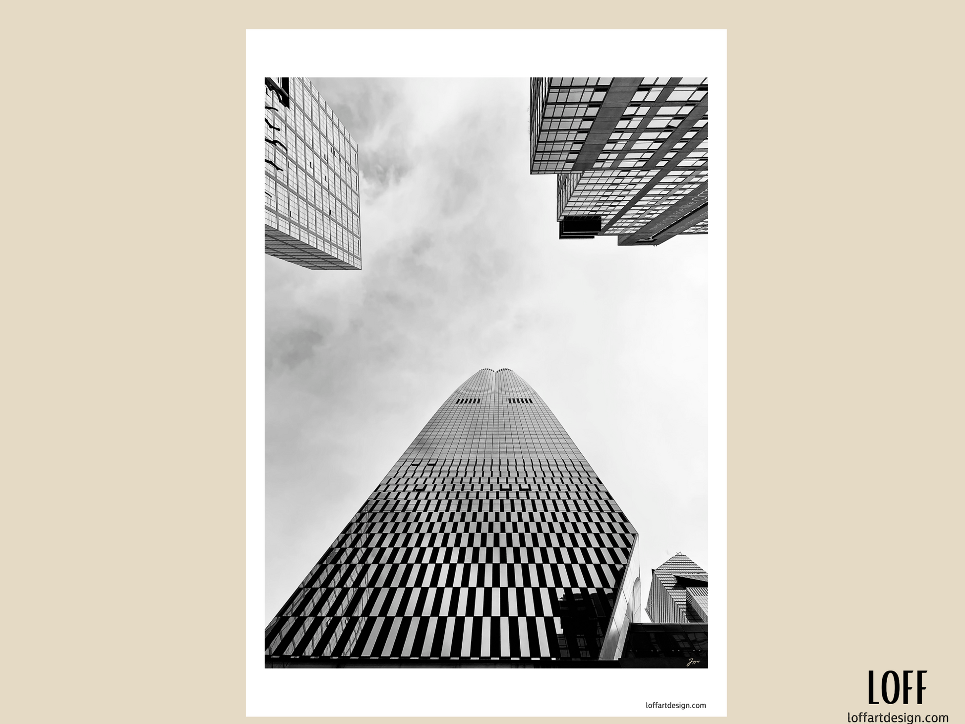 lack and white photograph of a New York City skyscraper taken in March 2024, printed on a high-quality poster