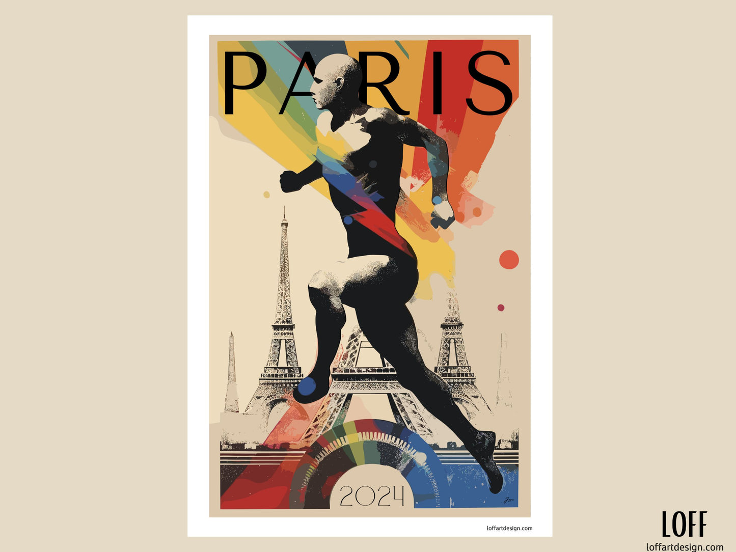 Silhouette of a runner with vibrant colors and the Eiffel Tower in the background, commemorating the 2024 Paris Olympics