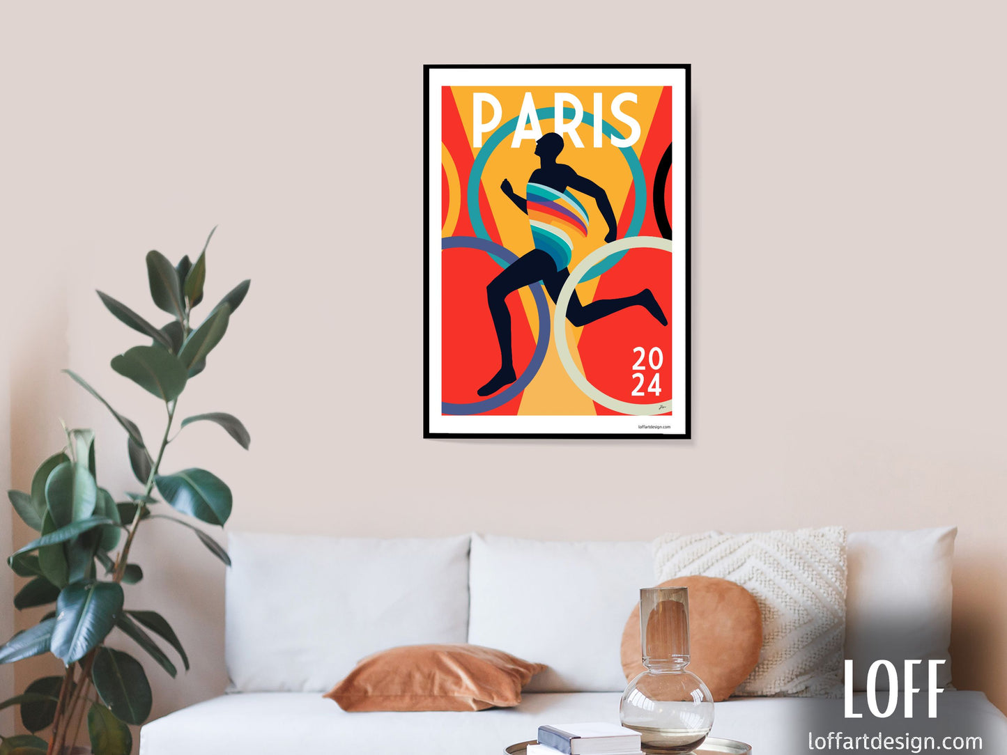 llustration of an athlete running through colorful rings with the text “Paris 2024,” printed on a high-quality poster