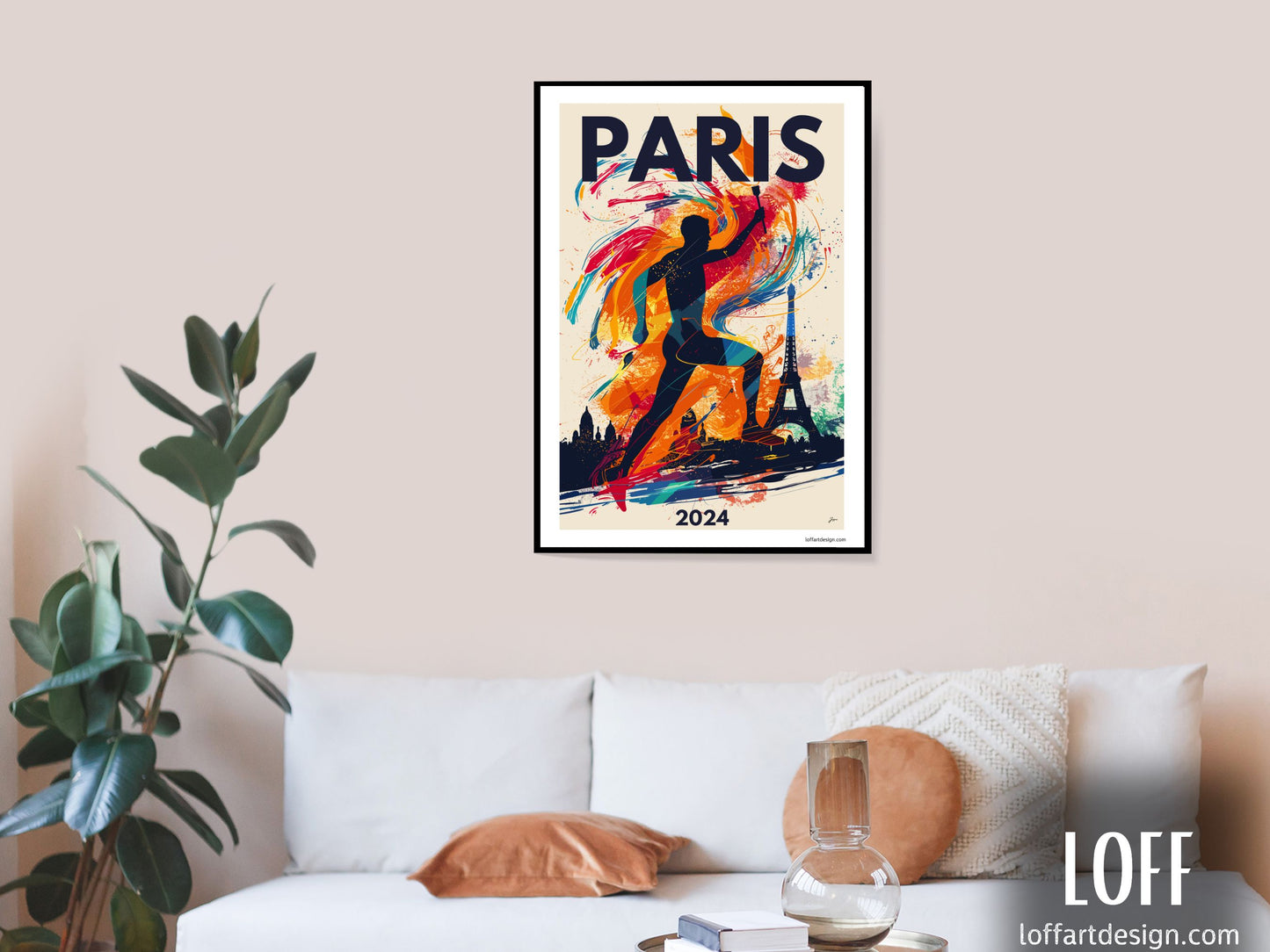 Vibrant tribute poster for the Paris 2024 Olympics featuring a colorful silhouette of an athlete and the Paris skyline