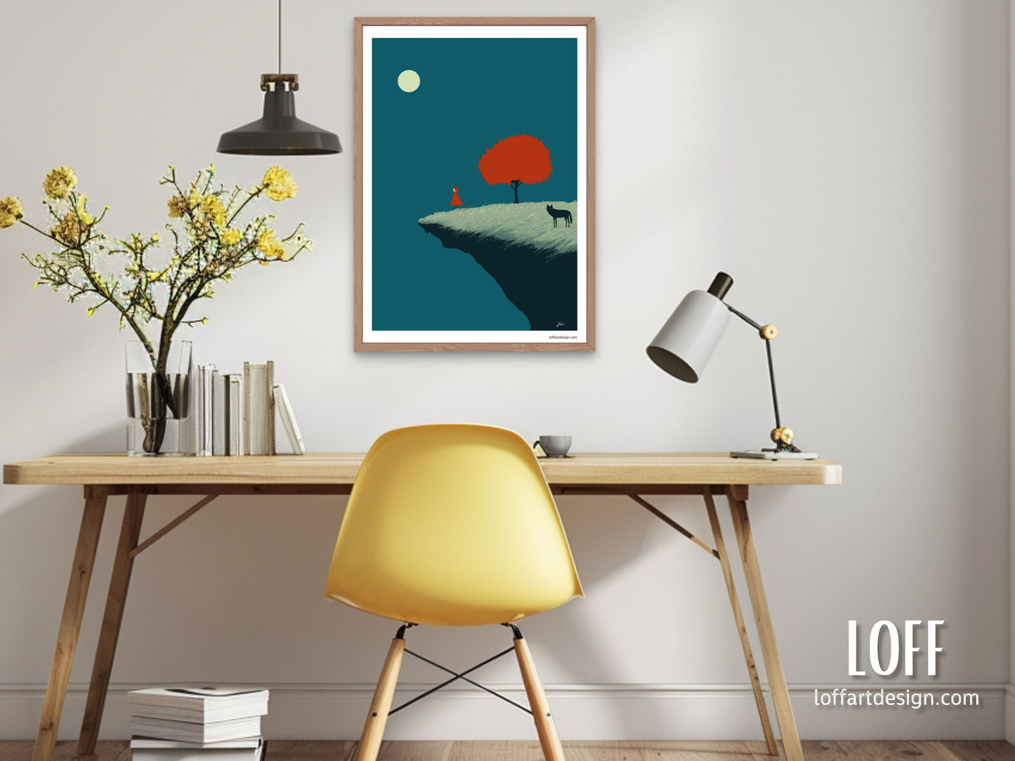 High-quality poster featuring a surreal landscape with Little Red Riding Hood, a black wolf, and a full moon, perfect for home decor and art lovers