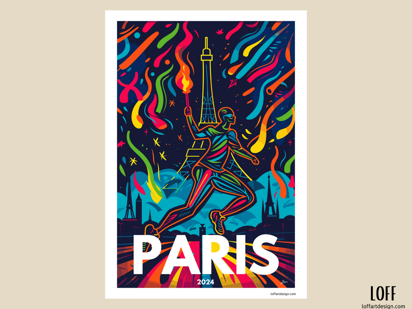 Illustration of an athlete holding the Olympic torch in front of the Eiffel Tower, surrounded by colorful shapes