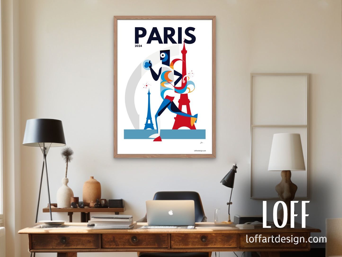 Stylized representation of an athlete with colorful swirls and iconic Paris landmarks, commemorating the 2024 Paris Olympics