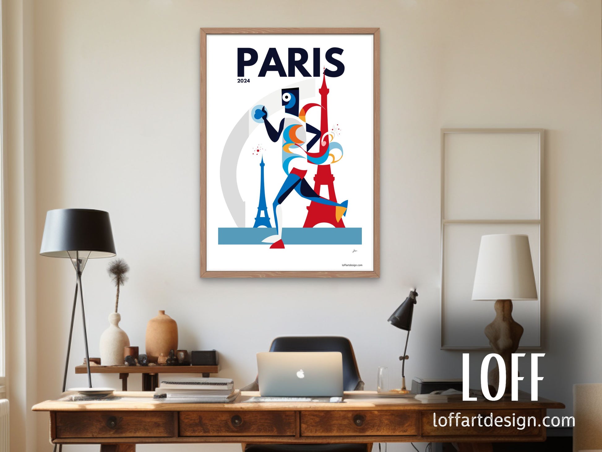 Stylized representation of an athlete with colorful swirls and iconic Paris landmarks, commemorating the 2024 Paris Olympics