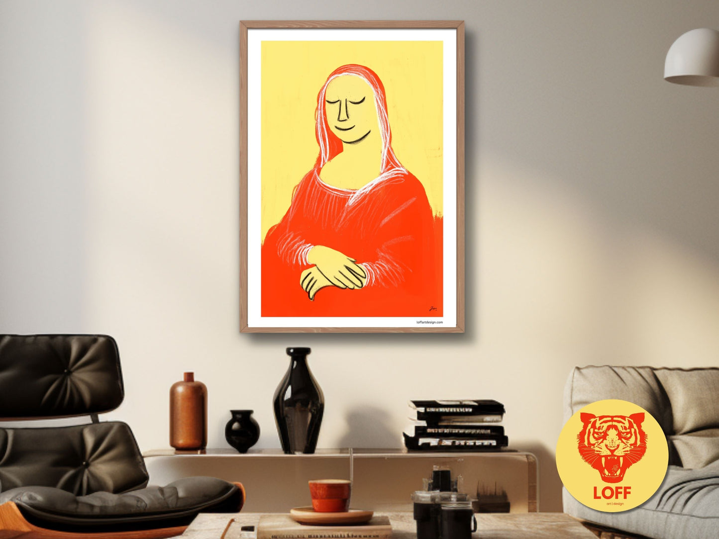 Poster featuring a pop-art-inspired Mona Lisa in bold red and yellow tones, titled ‘Mona Smile,’ part of The Many Faces of Mona Lisa collection