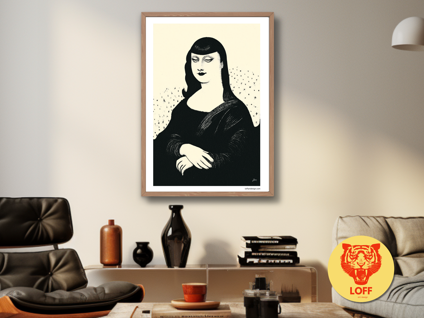 Monochrome reinterpretation of Mona Lisa titled ‘Mona Lisa Noir,’ part of The Many Faces of Mona Lisa collection, featuring bold black and white style