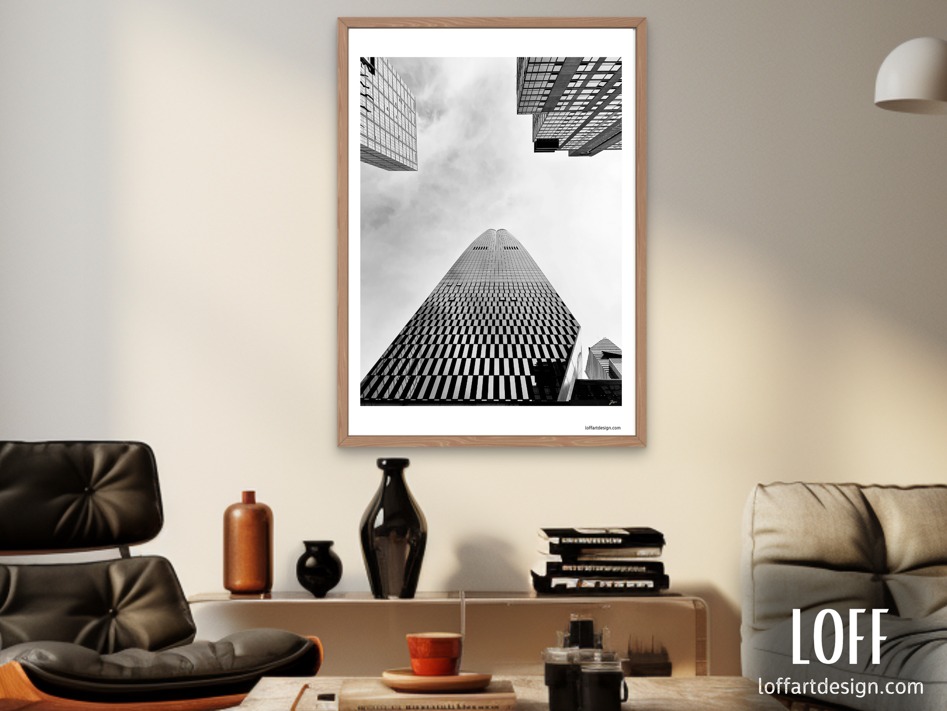 lack and white photograph of a New York City skyscraper taken in March 2024, printed on a high-quality poster