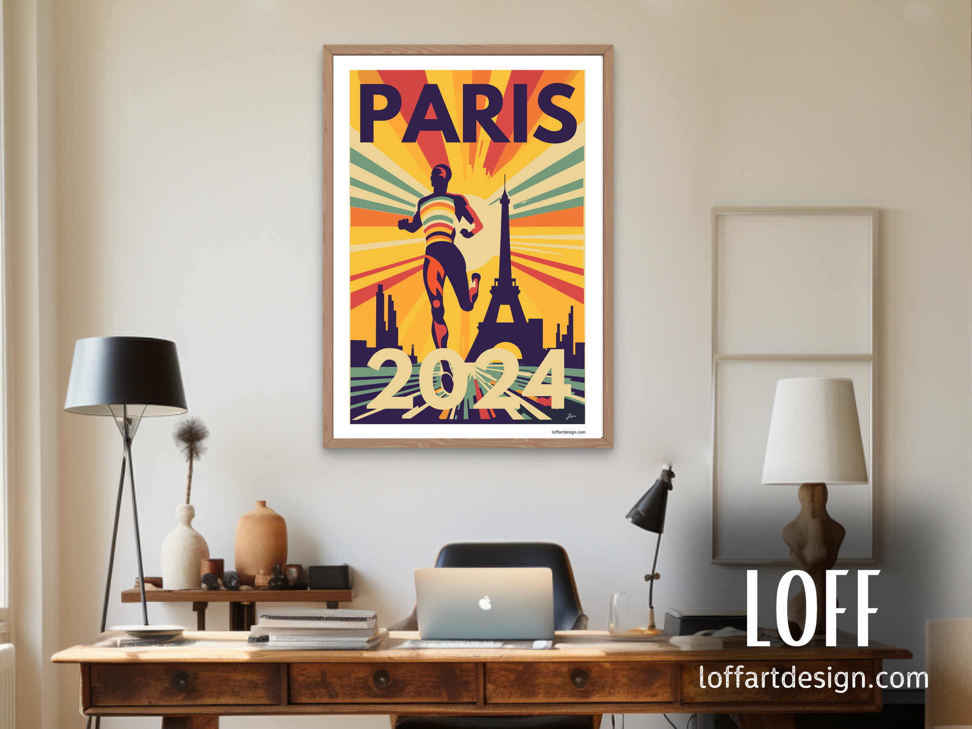 Illustration of an athlete running against the backdrop of the Eiffel Tower with the text “Paris 2024,