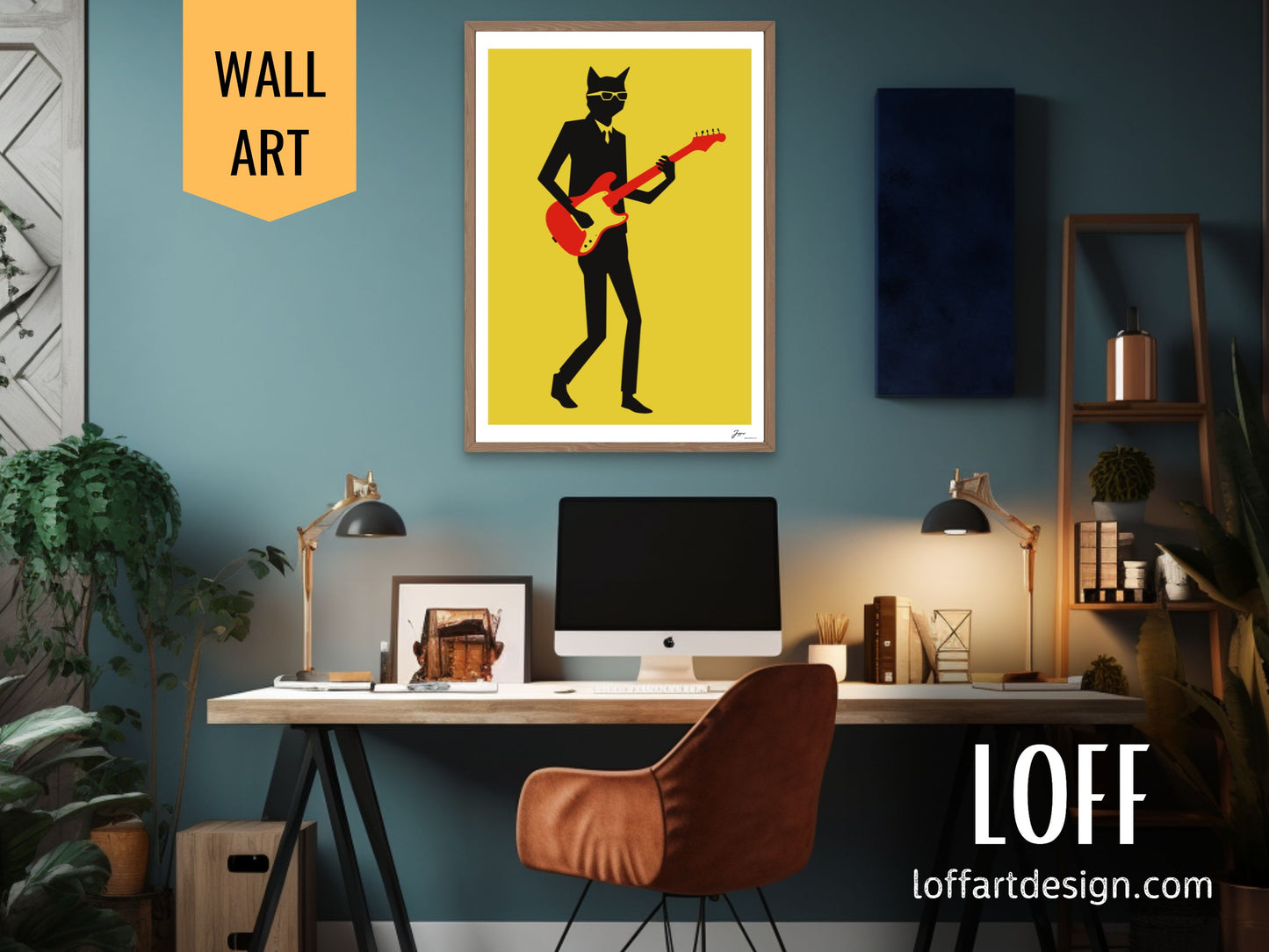 Cat Guitarist,Cool Cat Art, Minimalist Design,music lover, poster, gift, home decor