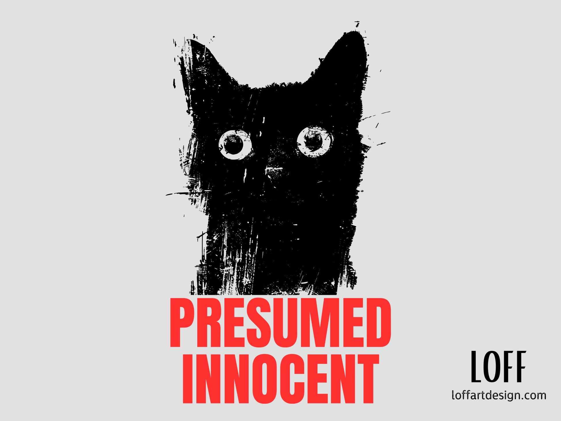 Illustration of a cat with the text “Presumed Innocent” in bold red letters, printed on a high-quality t-shirt