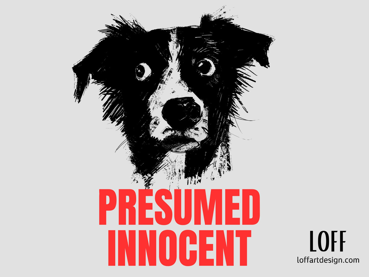 Illustration of a dog with the text “Presumed Innocent” in bold red letters, printed on a high-quality mug