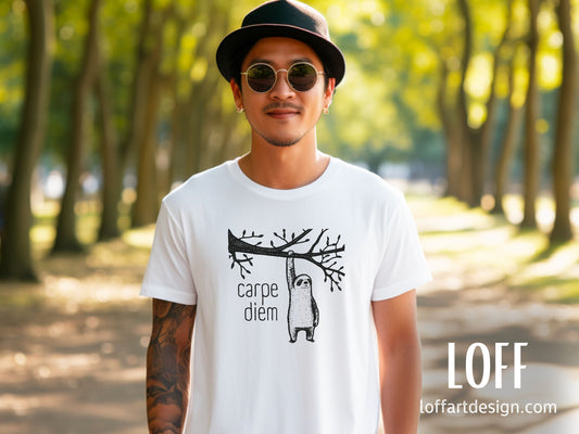 Carpe Diem - Seize the Day  - Unisex t-shirt -Minimalist - Whimsical Sloth - Animal Lover - funny motivational