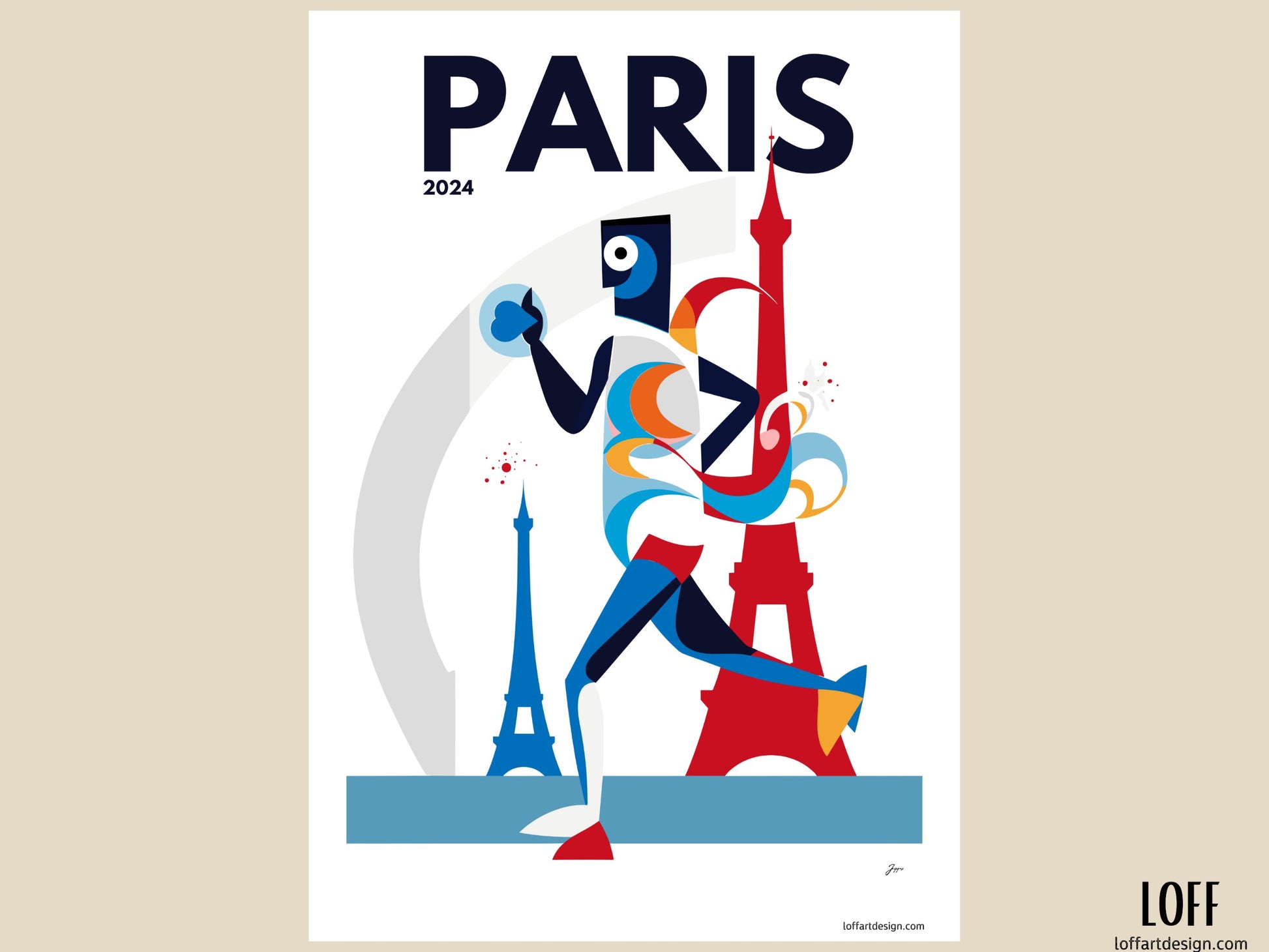 Stylized representation of an athlete with colorful swirls and iconic Paris landmarks, commemorating the 2024 Paris Olympics