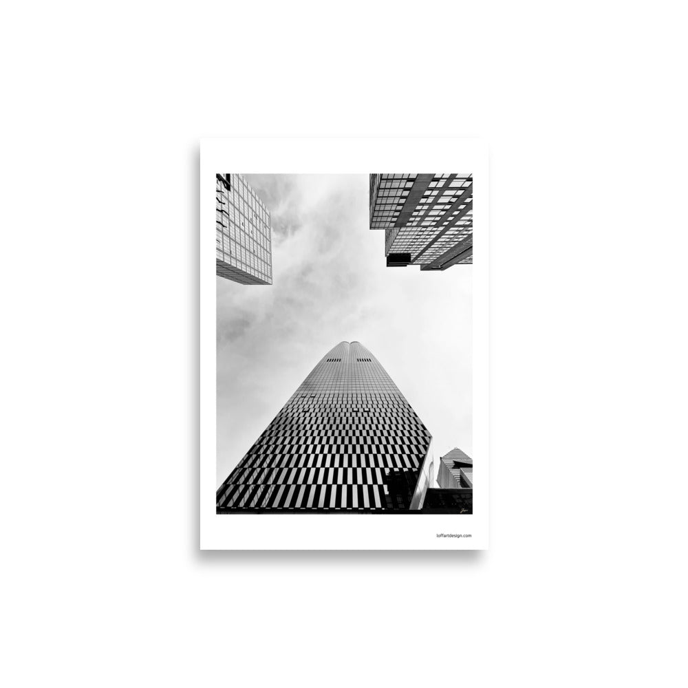 lack and white photograph of a New York City skyscraper taken in March 2024, printed on a high-quality poster