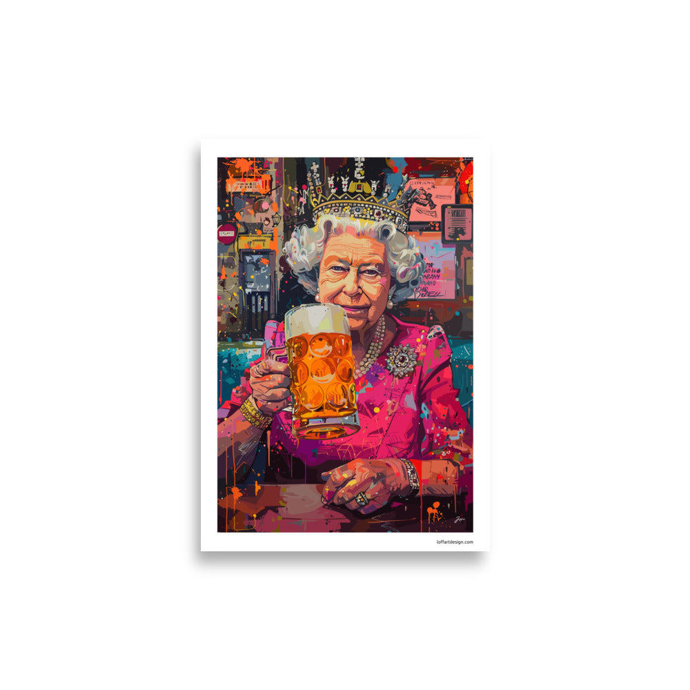 Royal Cheers Poster | Queen Elizabeth II | Beer | Poster Pop Art Style | Humorous Royalty Illustration |  Bar Decor