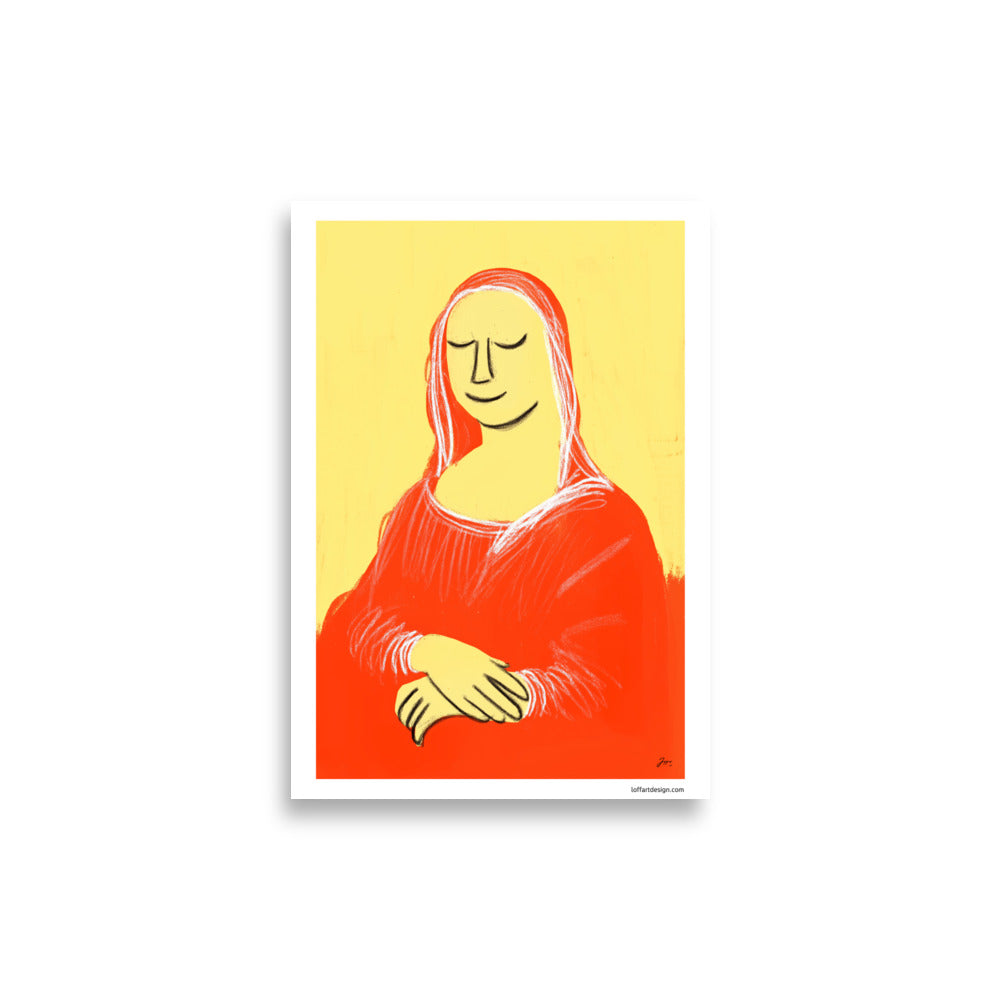 Poster featuring a pop-art-inspired Mona Lisa in bold red and yellow tones, titled ‘Mona Smile,’ part of The Many Faces of Mona Lisa collection