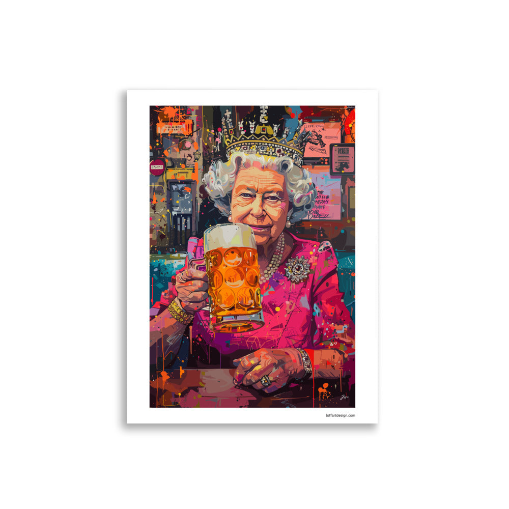 Royal Cheers Poster | Queen Elizabeth II | Beer | Poster Pop Art Style | Humorous Royalty Illustration |  Bar Decor