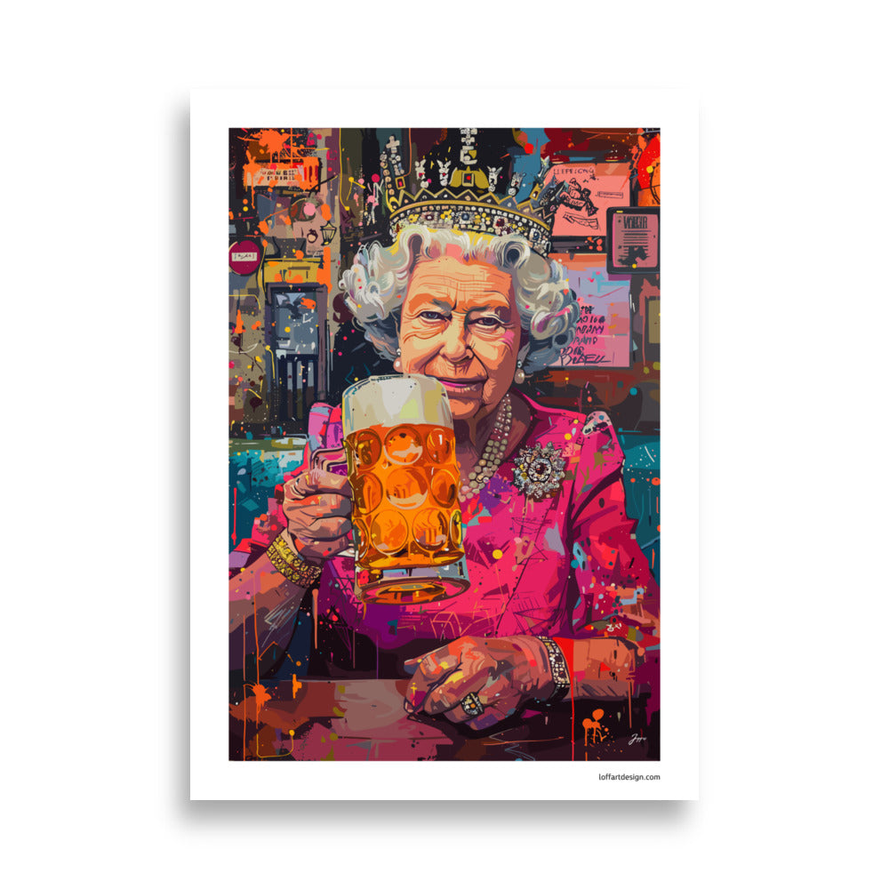 Royal Cheers Poster | Queen Elizabeth II | Beer | Poster Pop Art Style | Humorous Royalty Illustration |  Bar Decor