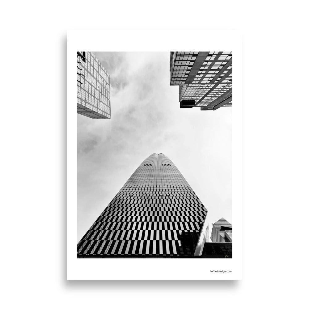 lack and white photograph of a New York City skyscraper taken in March 2024, printed on a high-quality poster