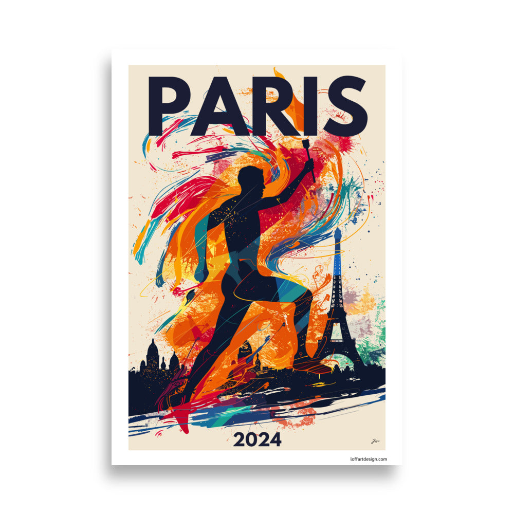 Vibrant tribute poster for the Paris 2024 Olympics featuring a colorful silhouette of an athlete and the Paris skyline