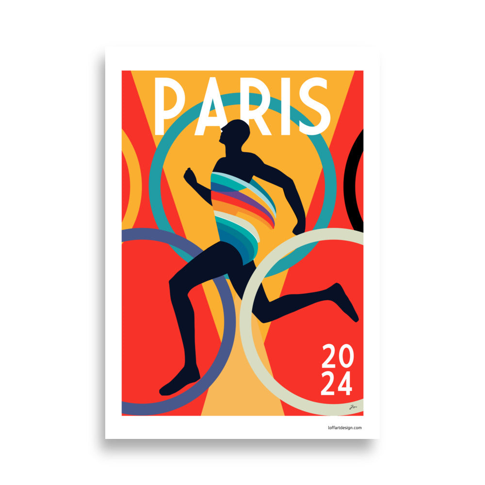 llustration of an athlete running through colorful rings with the text “Paris 2024,” printed on a high-quality poster