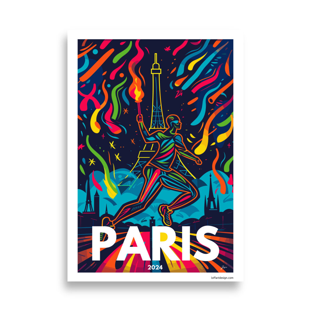 Illustration of an athlete holding the Olympic torch in front of the Eiffel Tower, surrounded by colorful shapes