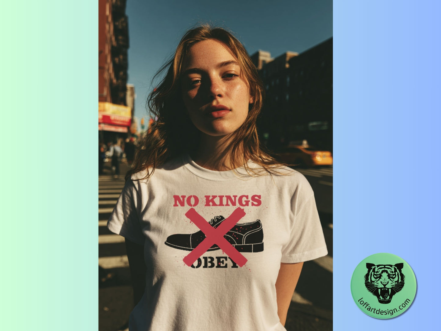 Front view of a white loff t-shirt on a model with protest-style “NO KINGS” text, black shoe artwork, and a red X overlay.