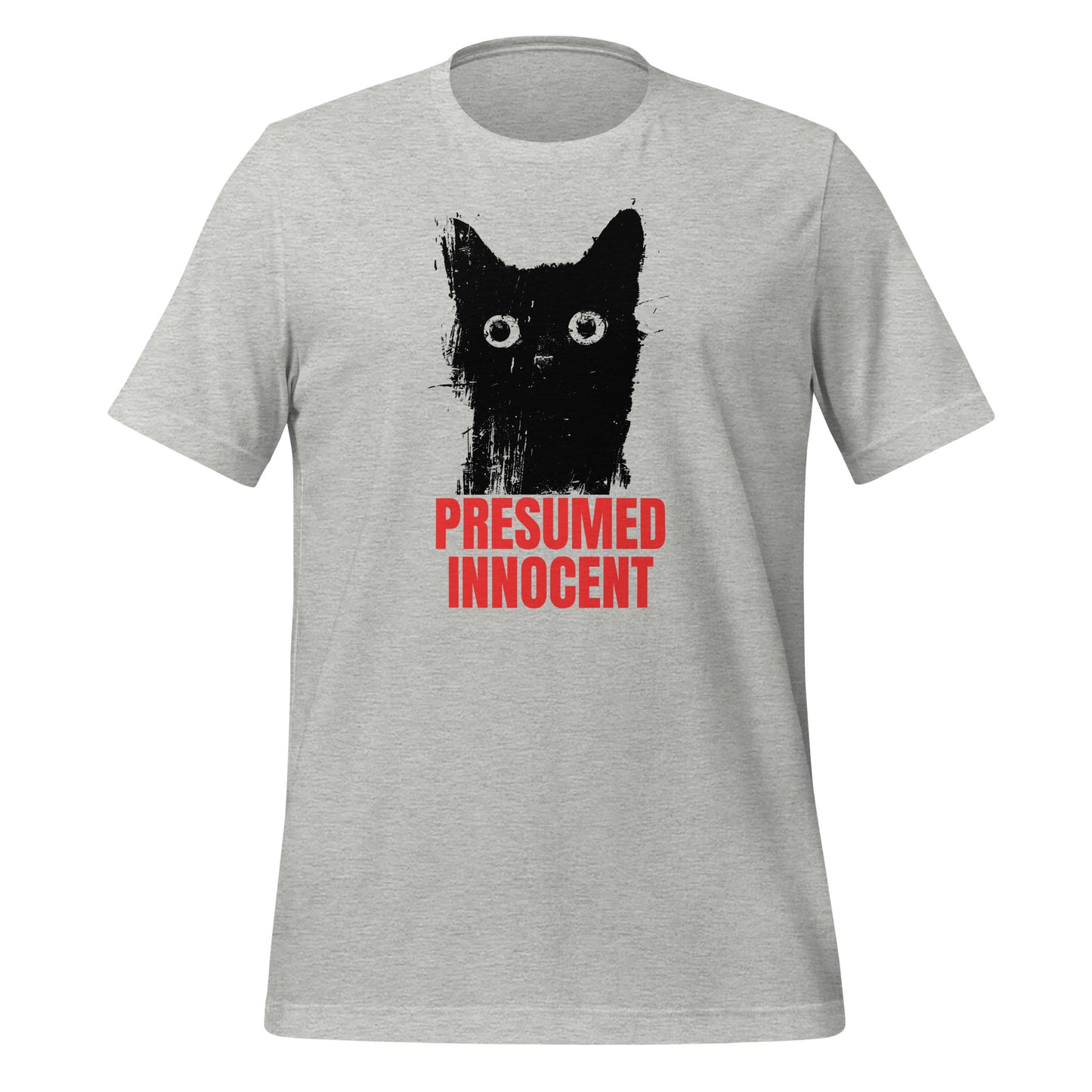 Illustration of a cat with the text “Presumed Innocent” in bold red letters, printed on a high-quality t-shirt