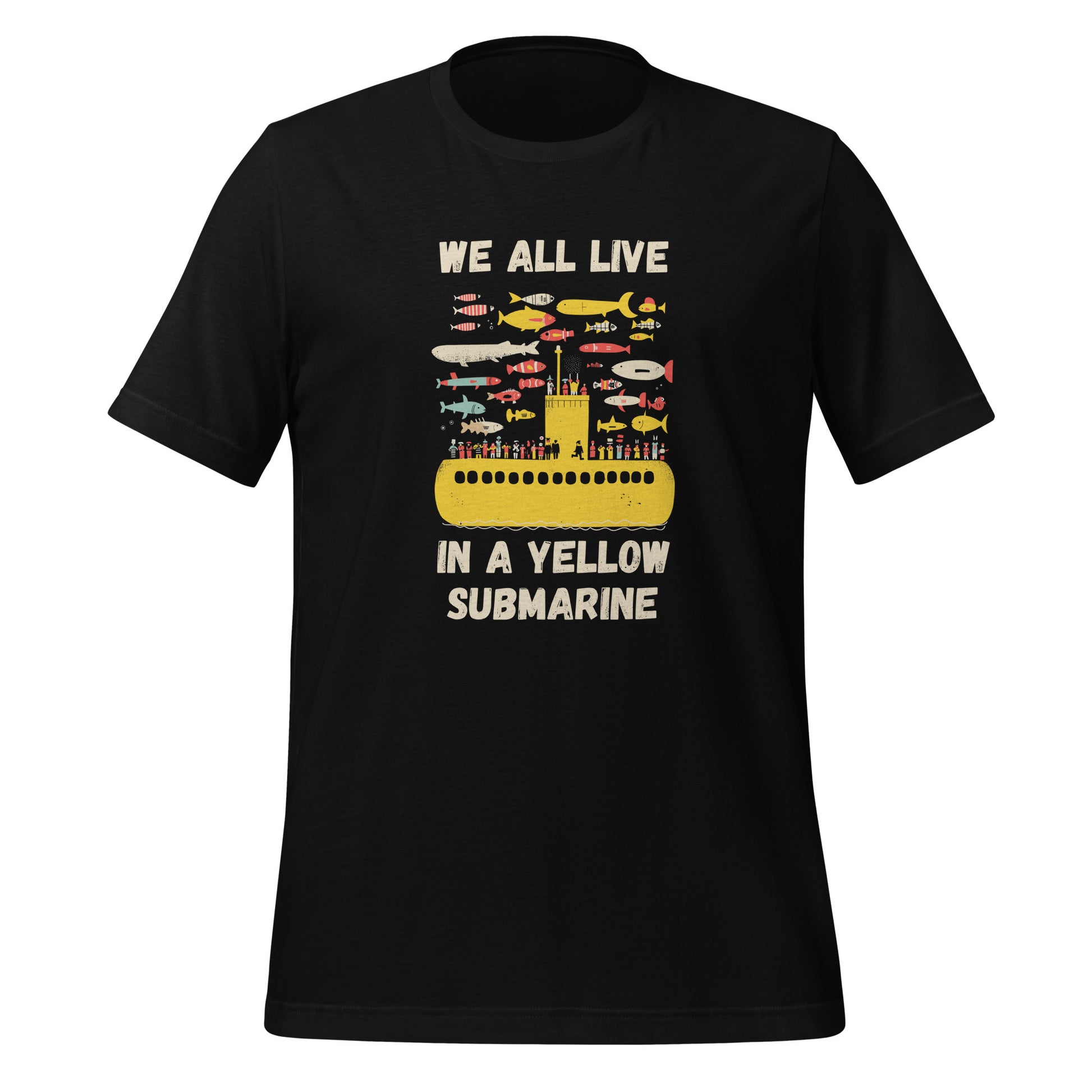 Illustration of a yellow submarine surrounded by colorful fish and characters, with the text “We all live in a yellow submarine,” printed on a high-quality t-shirt