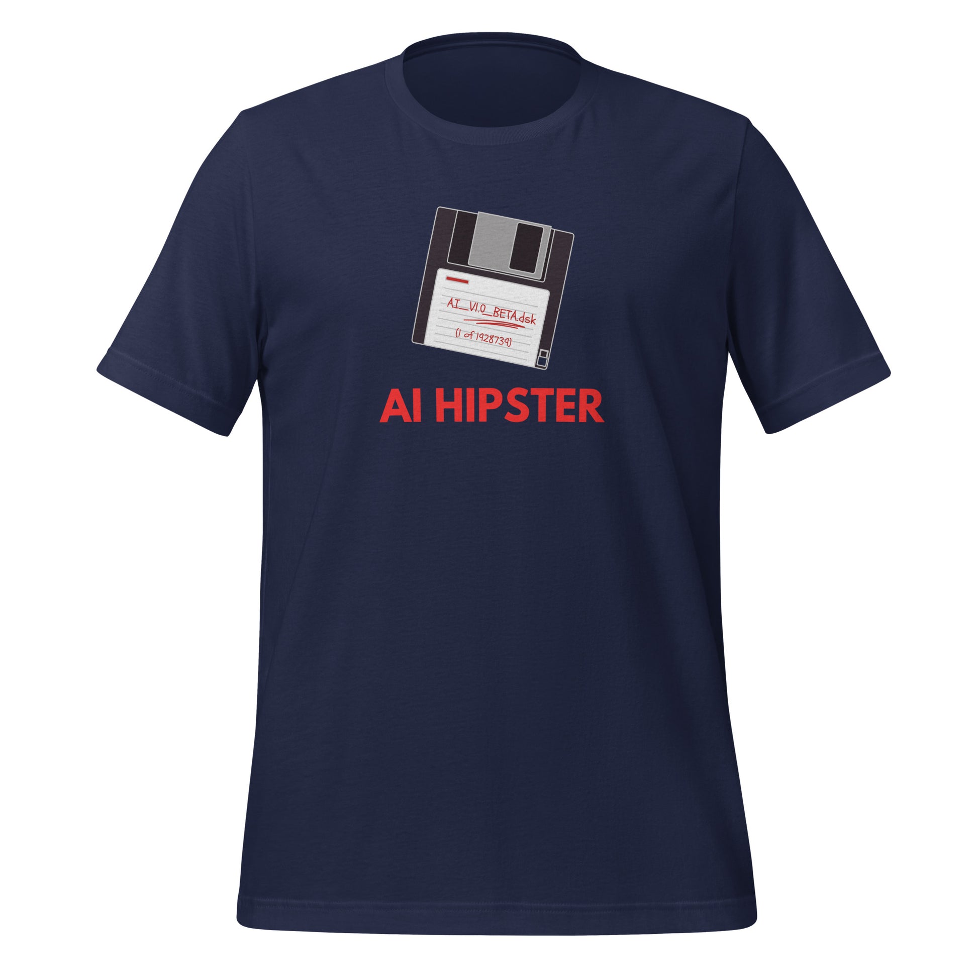 Product mT-shirt design featuring a vintage floppy disk labeled ‘AI_V1.0_BETA.dsk’ with the text ‘AI Hipster’—a playful mix of retro tech and AI humoockup