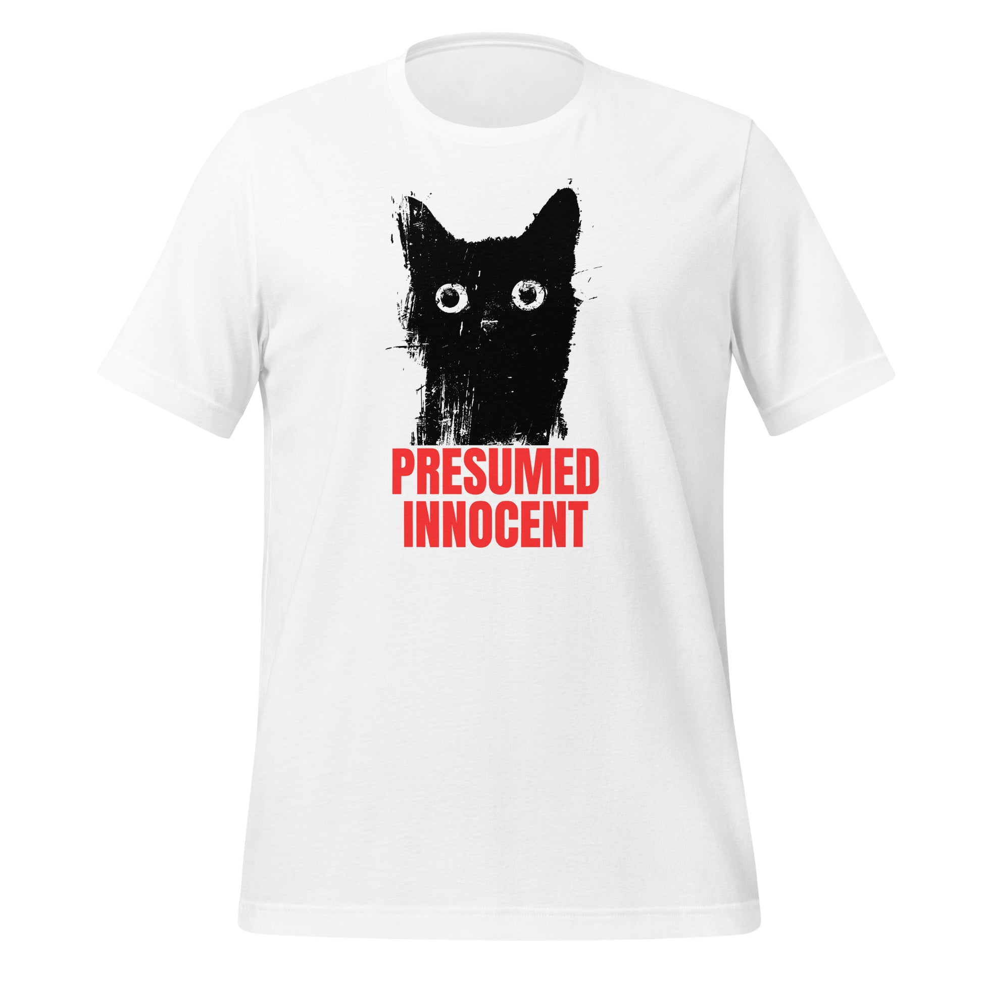 Illustration of a cat with the text “Presumed Innocent” in bold red letters, printed on a high-quality t-shirt