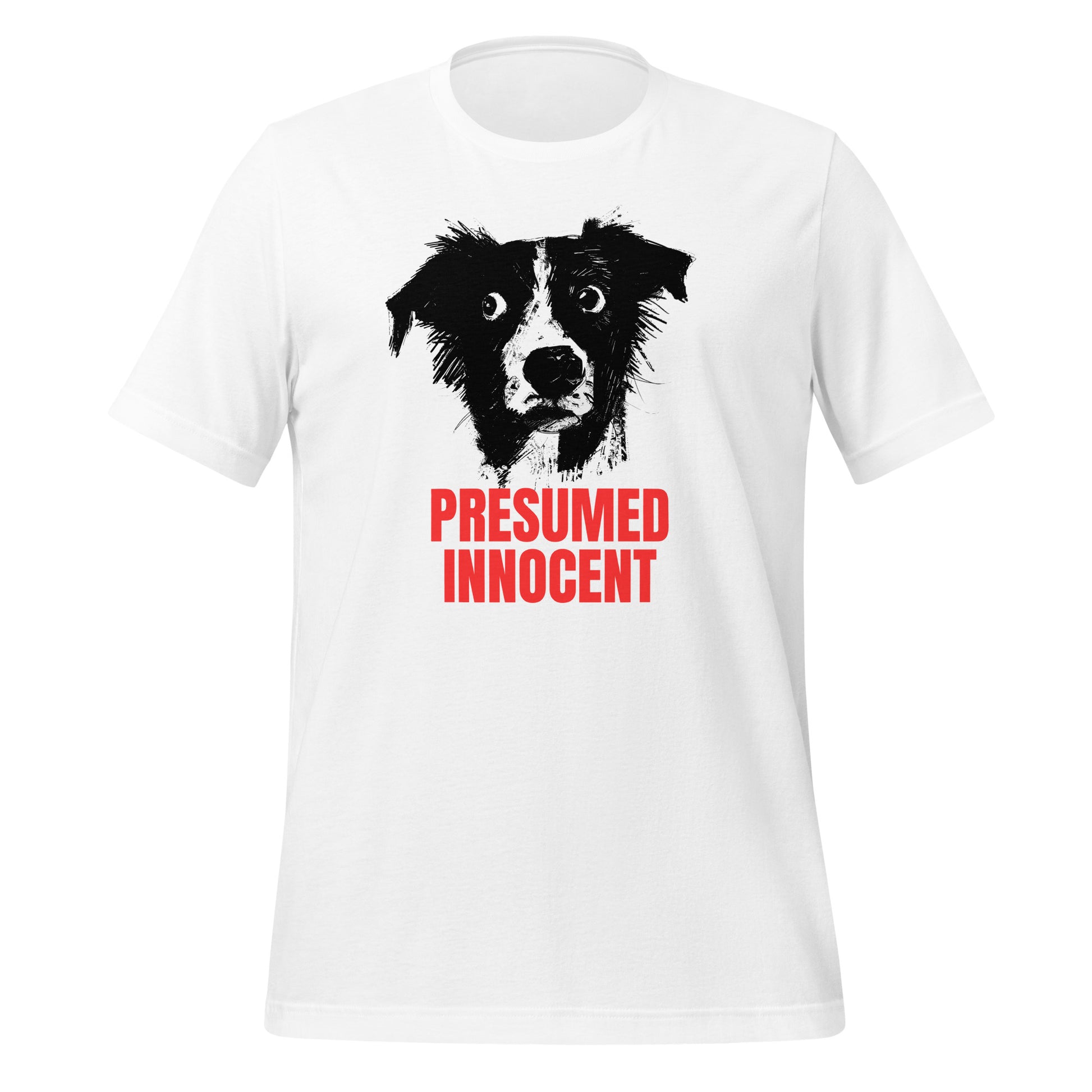 Illustration of a dog with the text “Presumed Innocent” in bold red letters, printed on a high-quality t-shirt