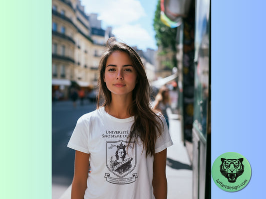 T-shirt featuring a satirical university crest with a baguette emblem and humorous French motto, printed on soft cotton fabric, perfect for Francophiles and humor enthusiasts