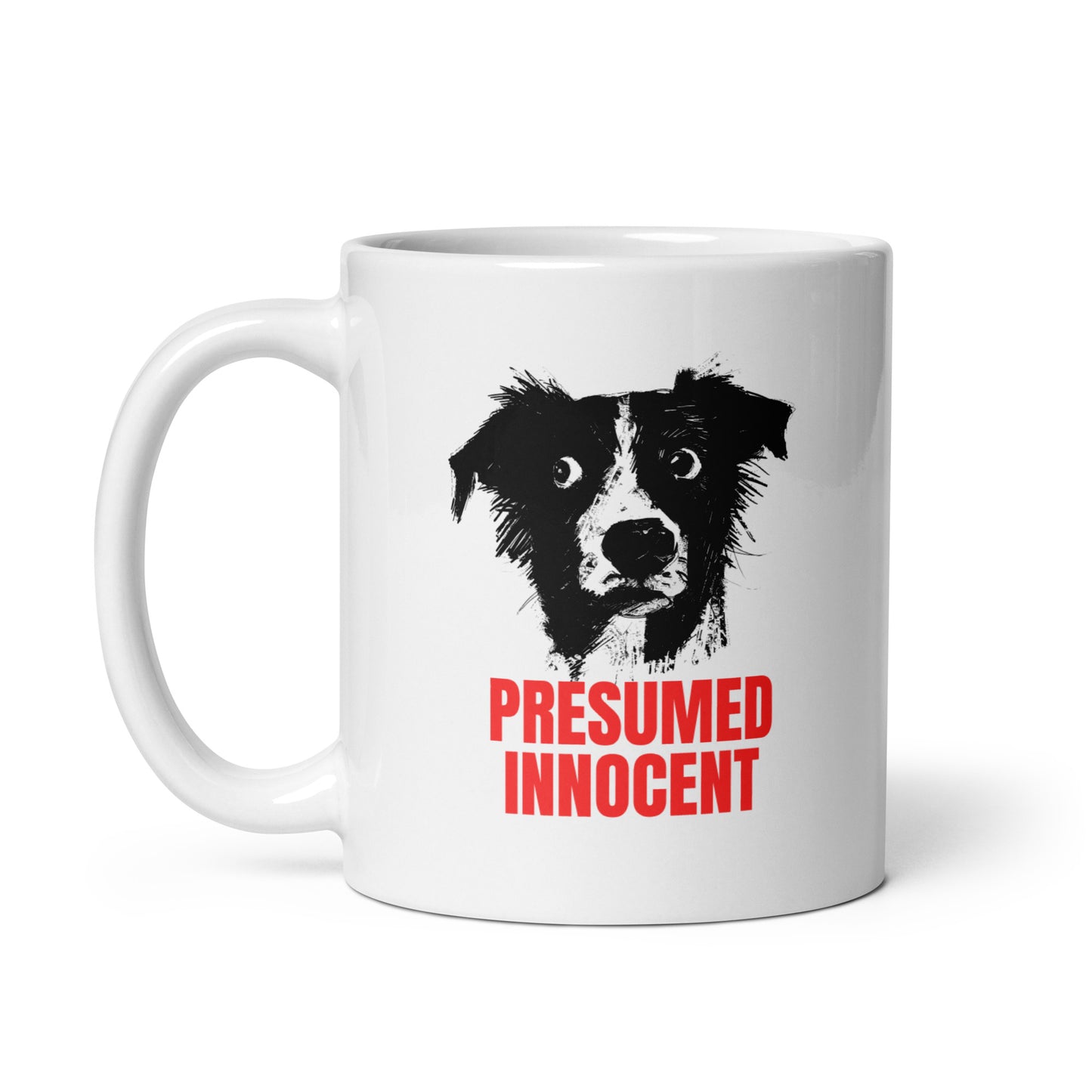 Illustration of a dog with the text “Presumed Innocent” in bold red letters, printed on a high-quality mug