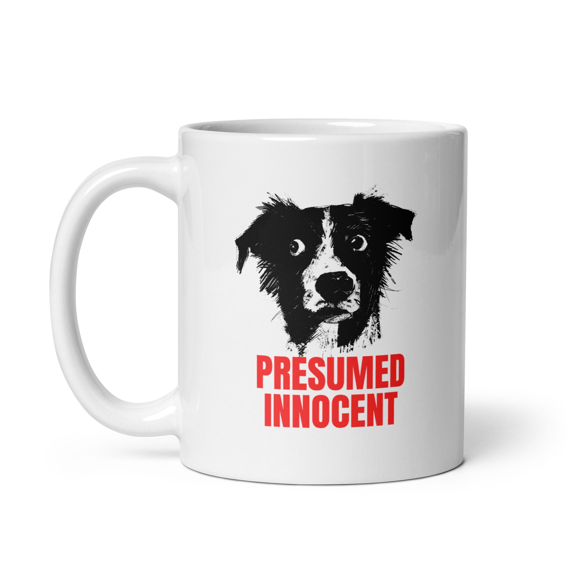 Illustration of a dog with the text “Presumed Innocent” in bold red letters, printed on a high-quality mug