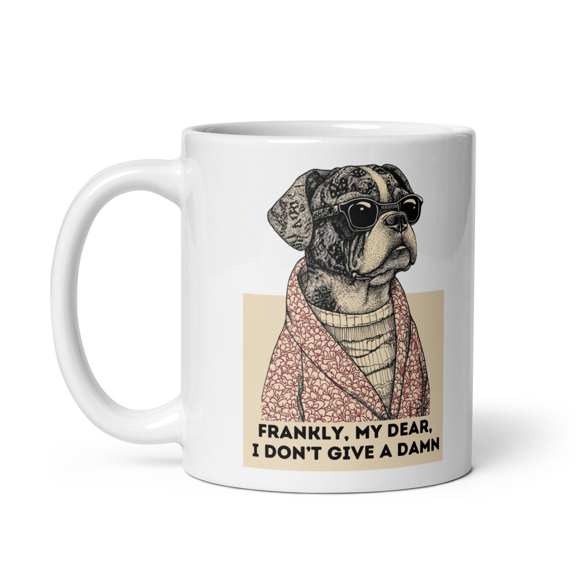 Product mockupCeramic mug featuring a stylish boxer dog in sunglasses and a robe with the quote ‘Frankly, my dear, I don’t give a damn,’ ideal for dog and movie lovers.