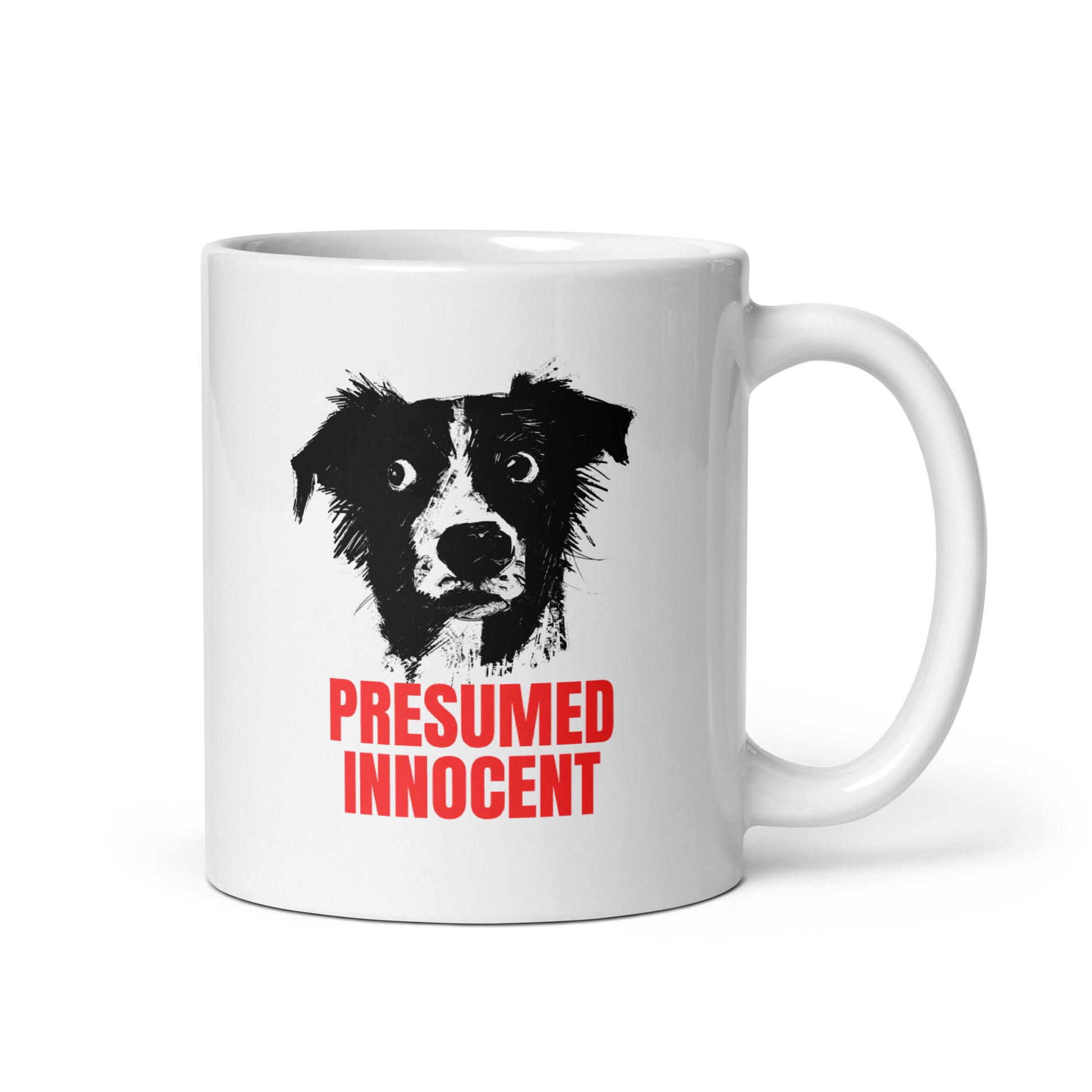 Illustration of a dog with the text “Presumed Innocent” in bold red letters, printed on a high-quality mug