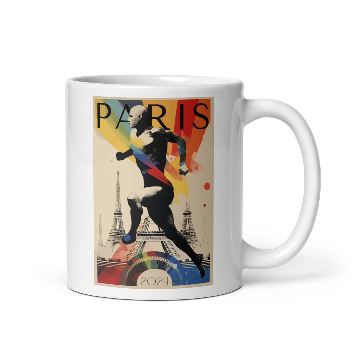 Collection of mugs featuring vibrant illustrations inspired by the Paris 2024 sports event, perfect for sports enthusiasts and art lovers.