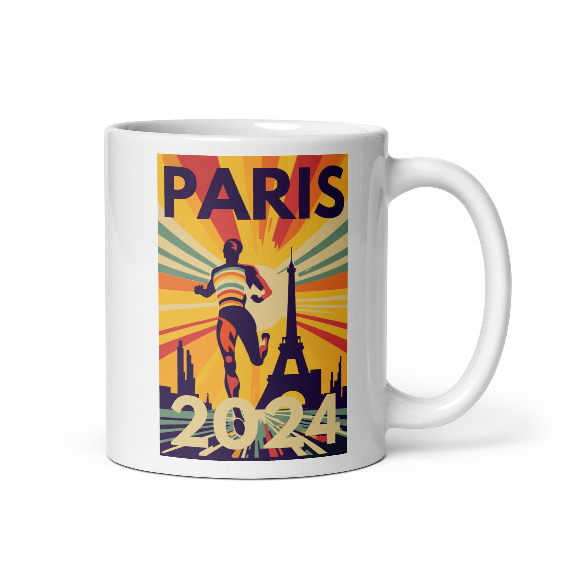 Collection of mugs featuring vibrant illustrations inspired by the Paris 2024 sports event, perfect for sports enthusiasts and art lovers.