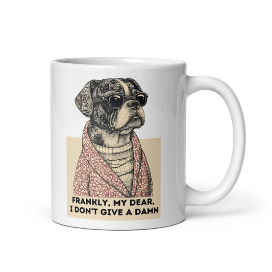 Ceramic mug featuring a stylish boxer dog in sunglasses and a robe with the quote ‘Frankly, my dear, I don’t give a damn,’ ideal for dog and movie lovers.