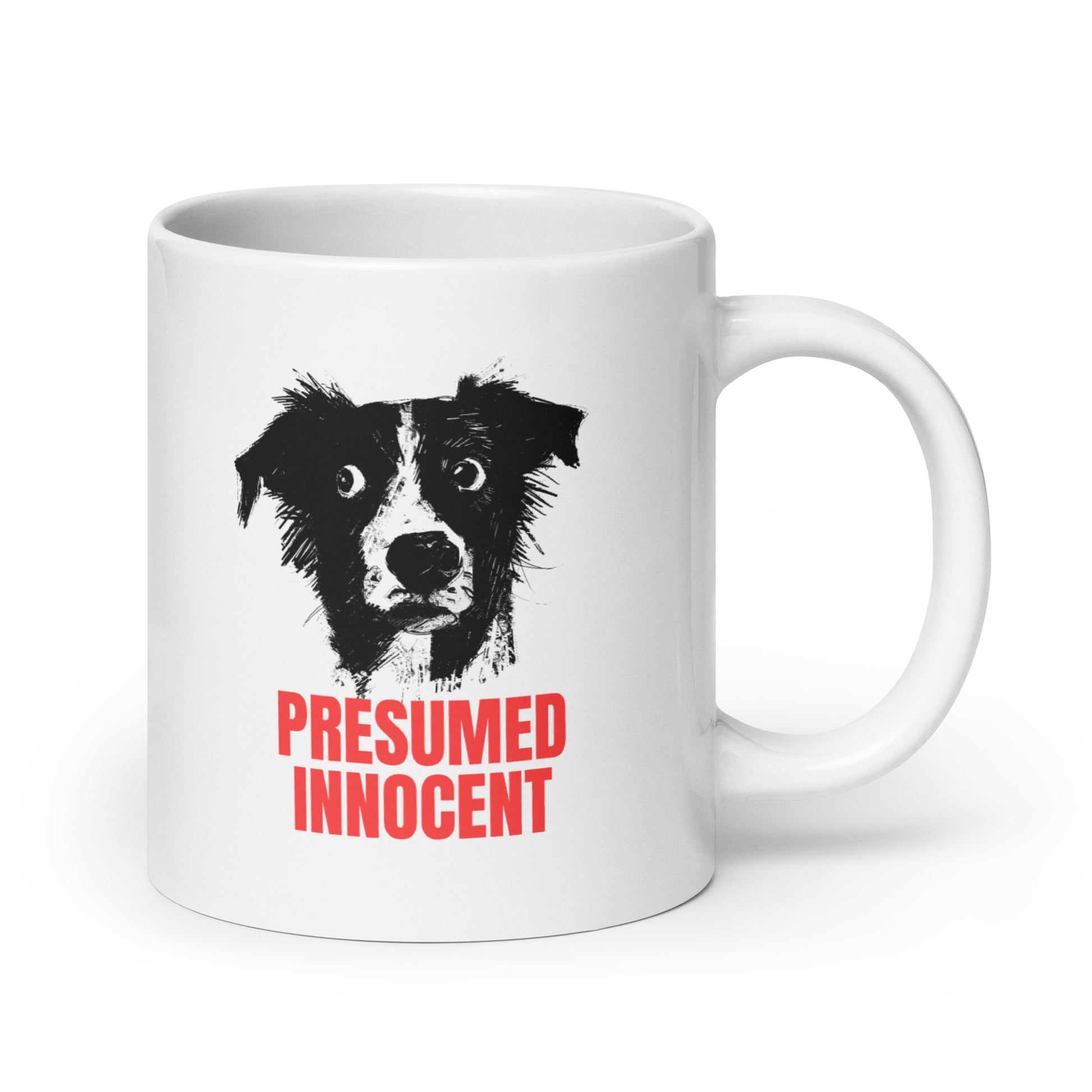 Illustration of a dog with the text “Presumed Innocent” in bold red letters, printed on a high-quality mug