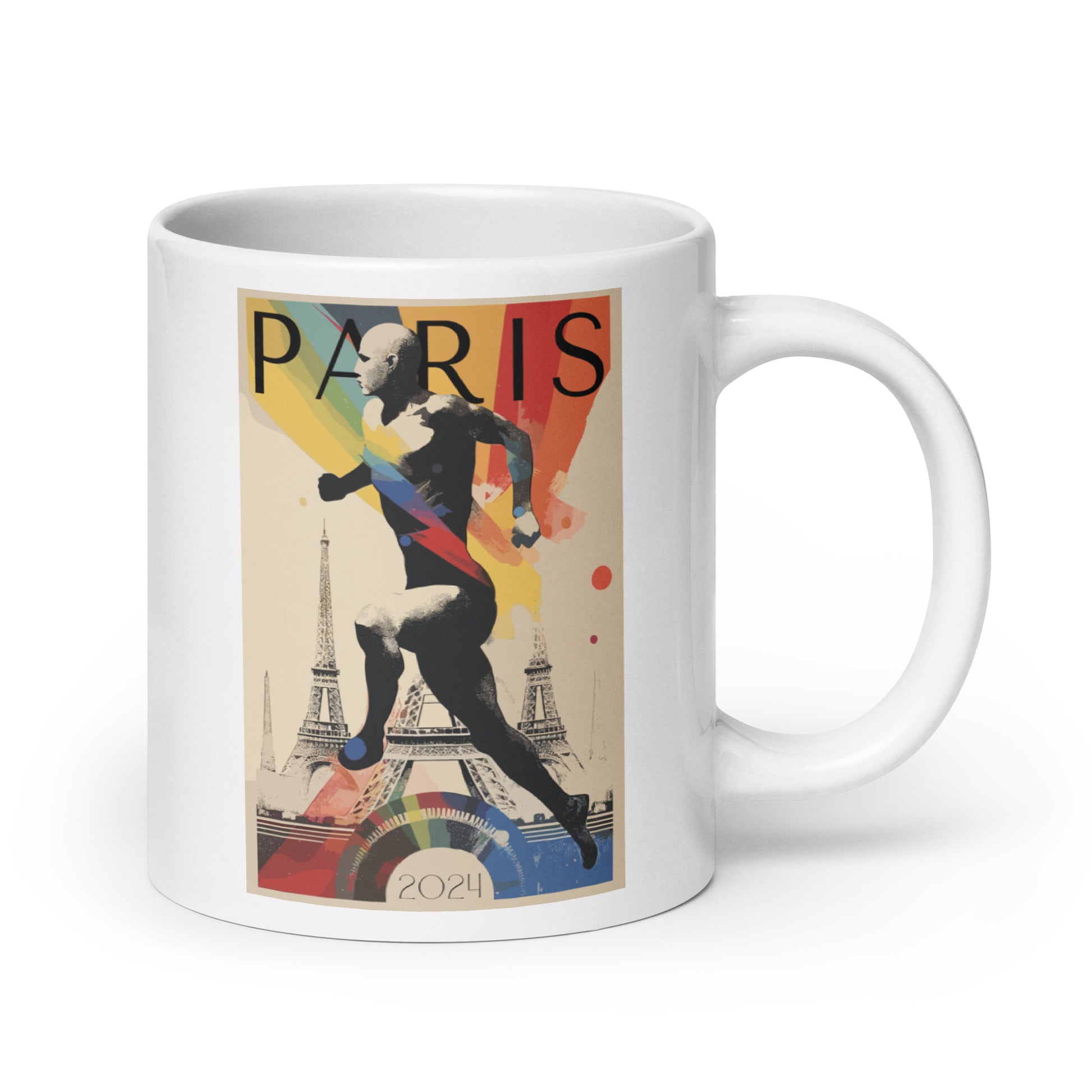 Collection of mugs featuring vibrant illustrations inspired by the Paris 2024 sports event, perfect for sports enthusiasts and art lovers.