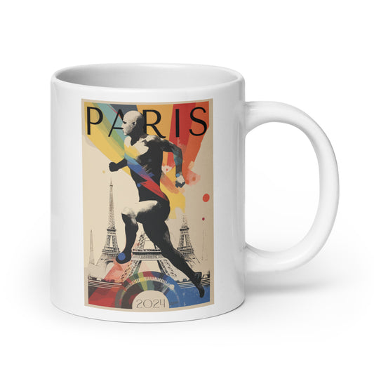 Collection of mugs featuring vibrant illustrations inspired by the Paris 2024 sports event, perfect for sports enthusiasts and art lovers.